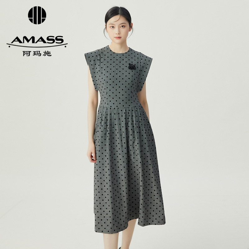 阿玛施AMASS 法式经典复古优雅植绒波点洋装5500423