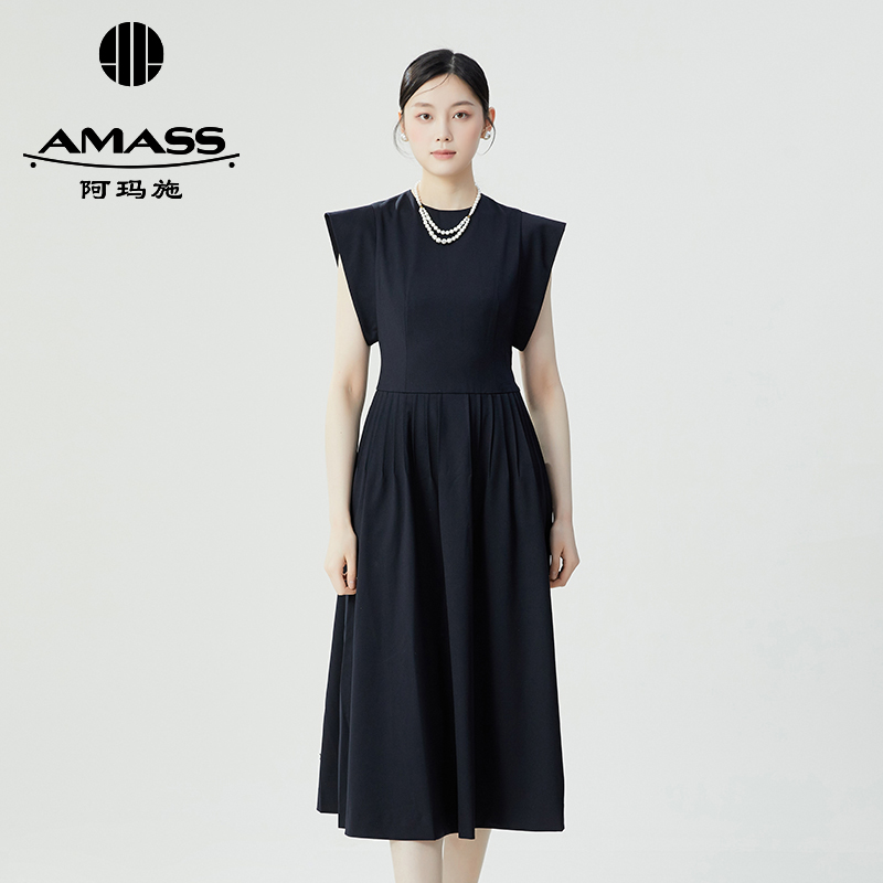 AMASS阿玛施 复古无袖收腰小黑长裙5500423