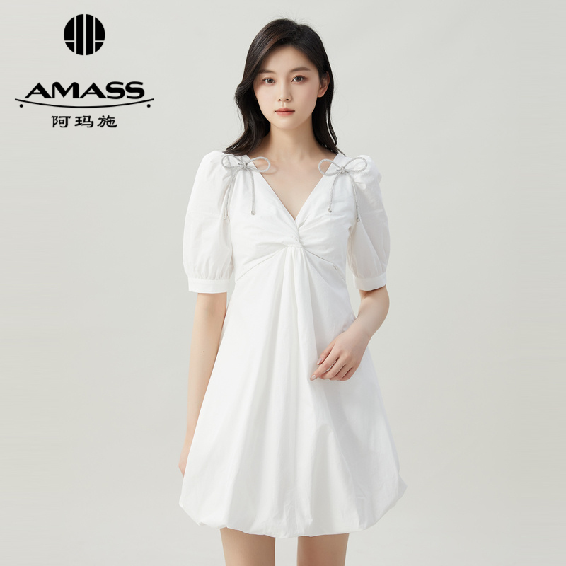 AMASS阿玛施 法式v领蝴蝶结公主袖连衣裙 附两枚胸针 5500429