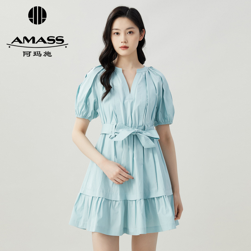 AMASS阿玛施 V领荷花边短袖洋装5500435 附腰带