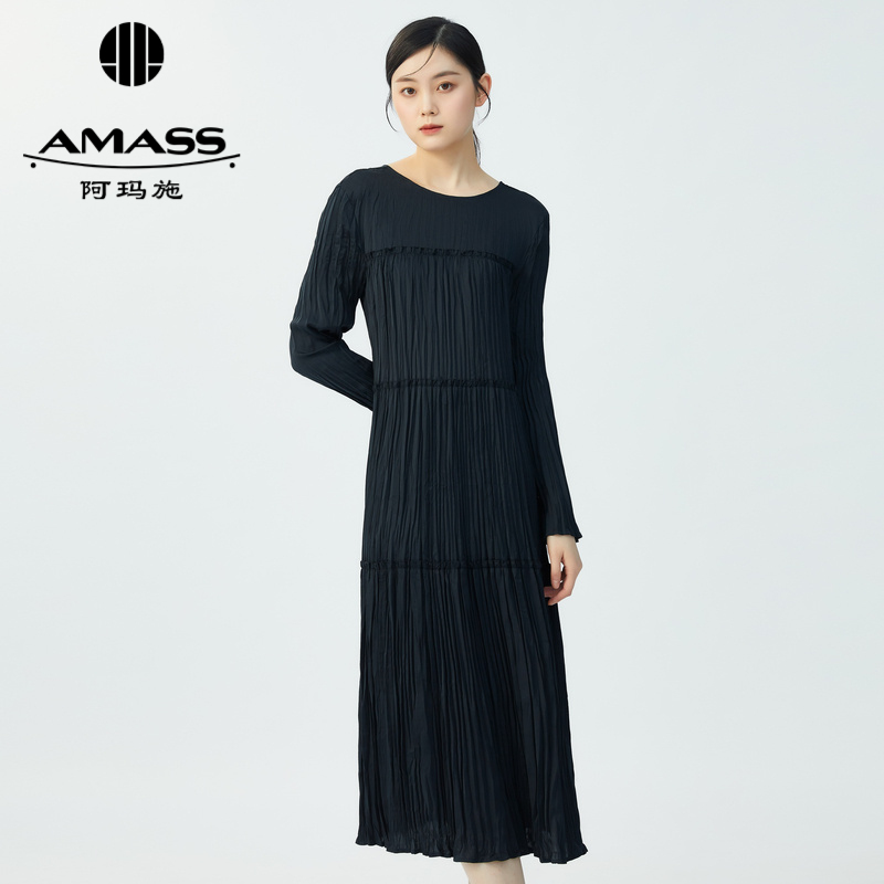 AMASS阿玛施 气质宽松压褶长袖洋装裙 5500445