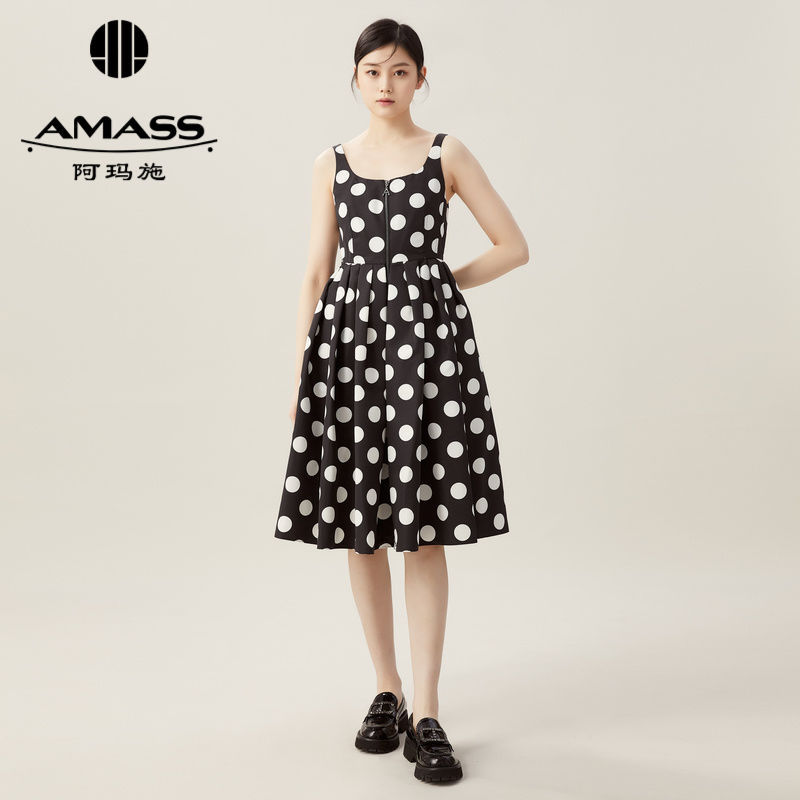 阿玛施AMASS 拉链式复古波点无袖赫本连衣裙5500446