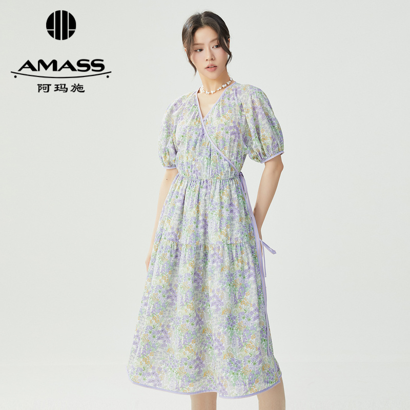 阿玛施AMASS 女装百搭质感花卉连衣裙气质中长款洋装5500448-2