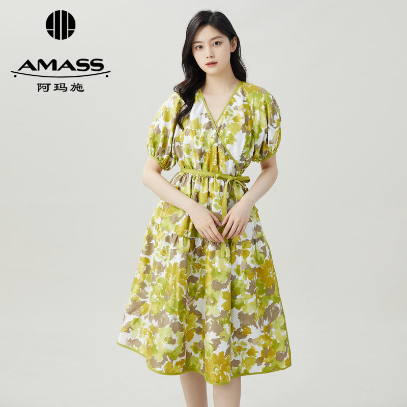 AMASS阿玛施 肌理感压褶V领系带洋装5500448