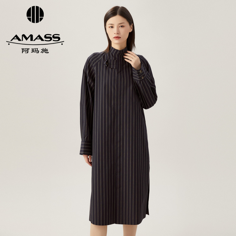 AMASS阿玛施小立领棉质条纹宽松中长款连衣裙衬衫裙5500455