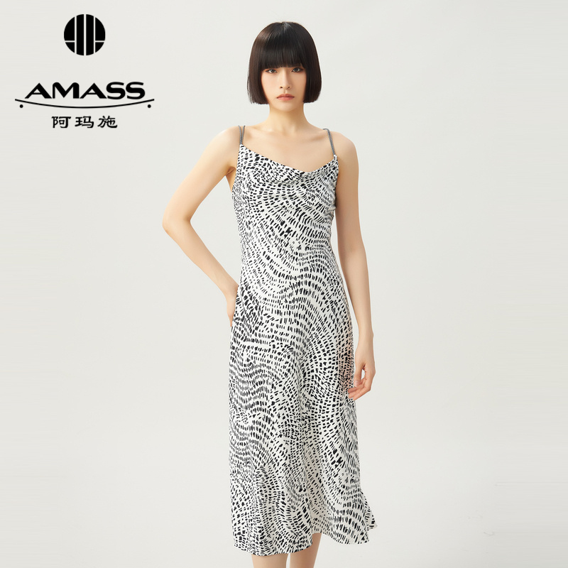 阿玛施AMASS 丝质性感豹纹吊带修身长款鱼尾连衣裙5500456-2