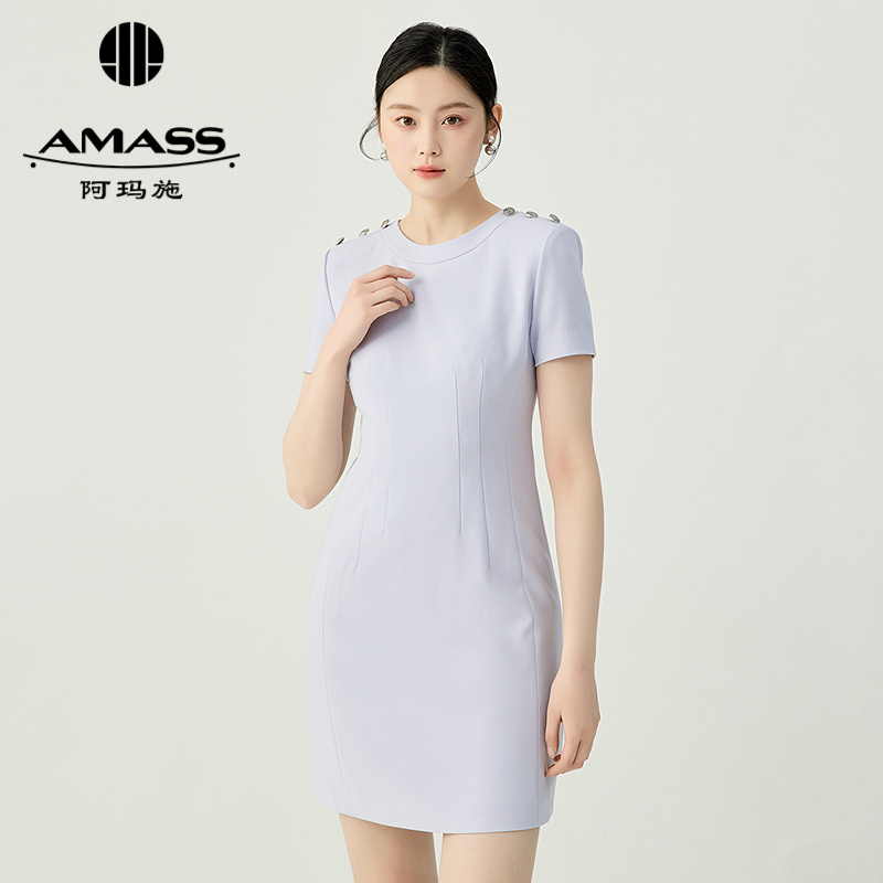 阿玛施AMASS 简约气质短袖连衣裙收腰短裙5500457