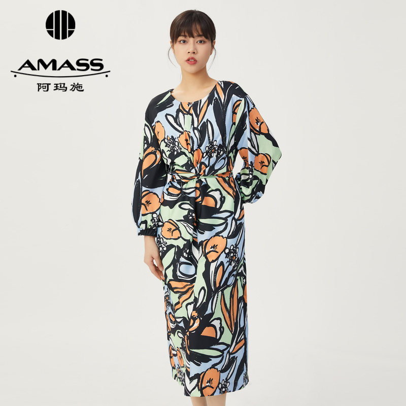 AMASS阿玛施 圆领印花长袖连衣裙5500458
