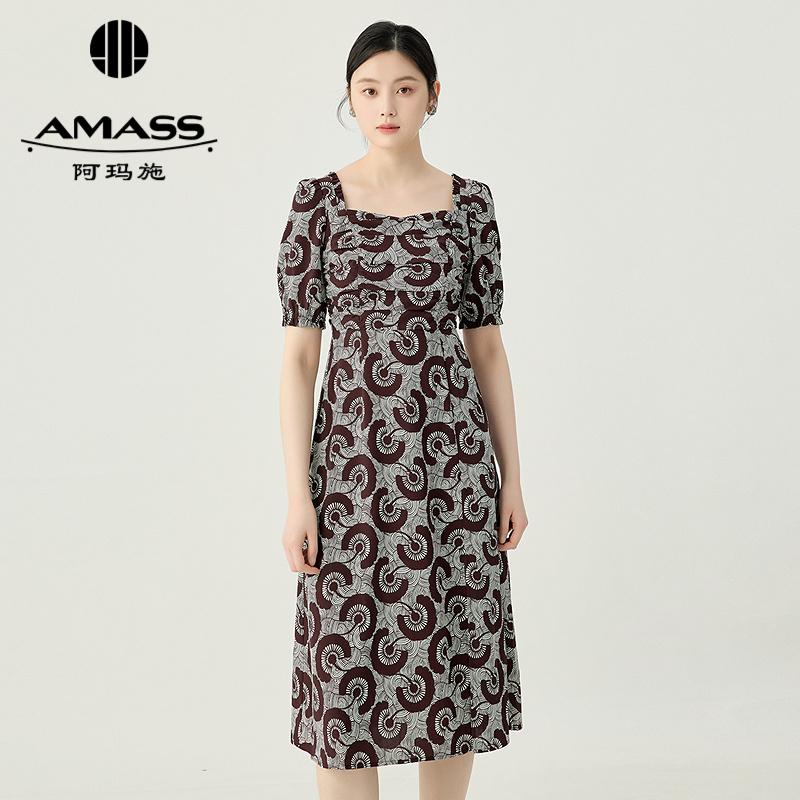 阿玛施AMASS 复古印花方领抓褶设计连衣长裙550046