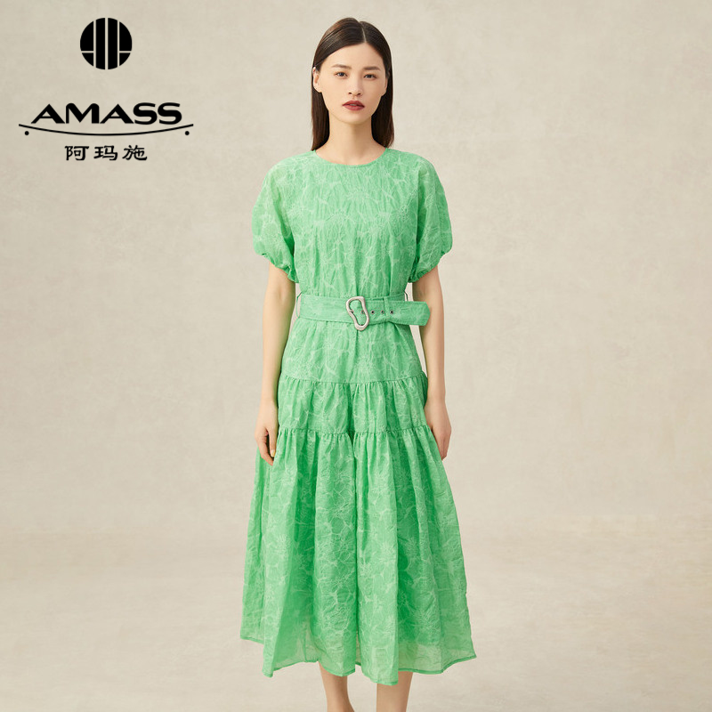 AMASS阿玛施 圆领纯色泡泡袖连衣裙长裙附腰带5500468-2