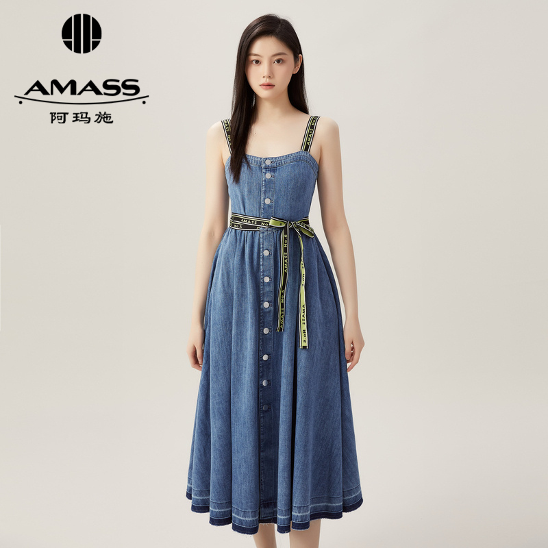 阿玛施AMASS 春夏新款潮牌织带设计无袖牛仔长裙5500469