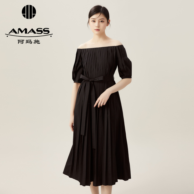 阿玛施AMASS 一字领纯色百褶短袖连衣裙5500473 附腰带