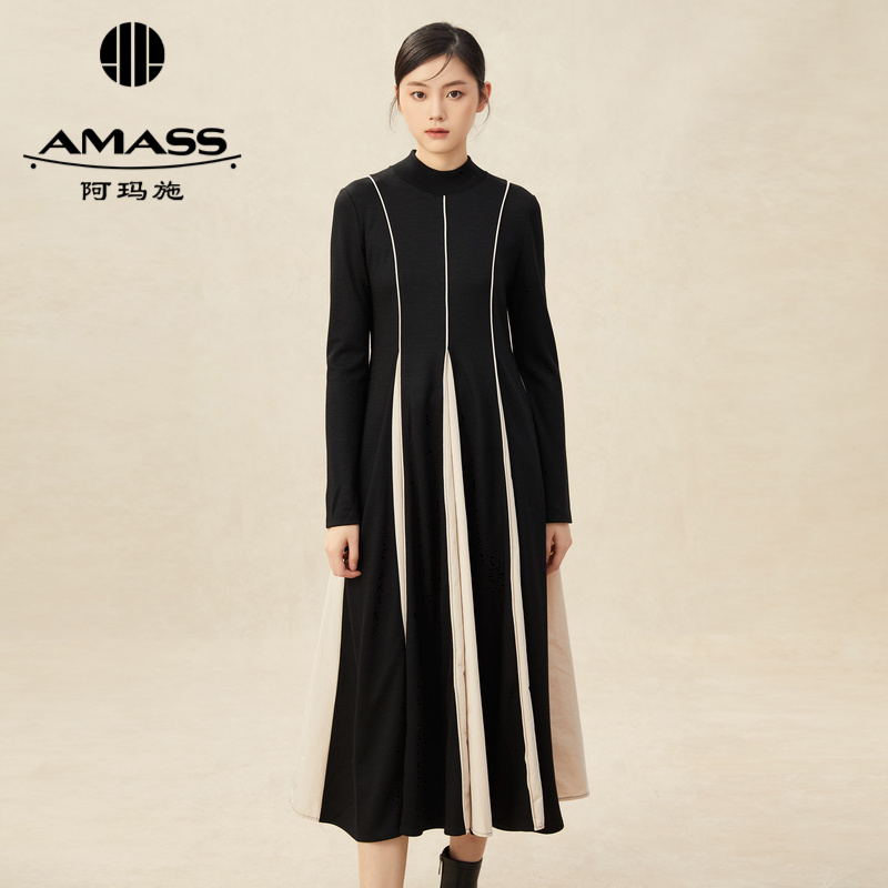 AMASS阿玛施 烟管领拼色收腰长袖伞裙连衣裙5500474