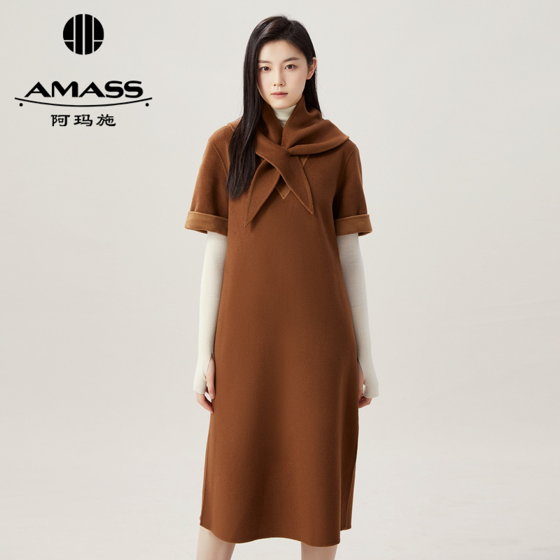 AMASS阿玛施 V领短袖直身版中长款双面尼洋装5500478 附活动领