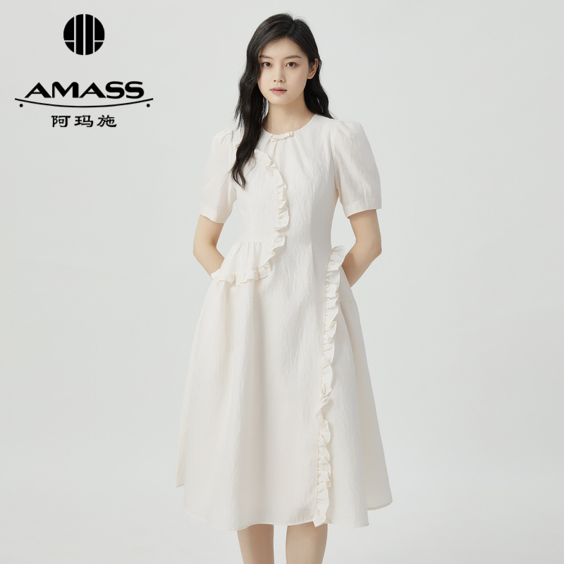阿玛施AMASS 宫廷泡泡袖公主风压褶质感短袖洋装5500479