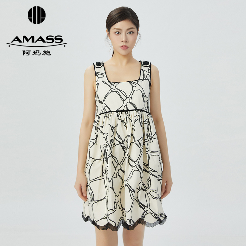阿玛施AMASS艺术线条印染无袖短裙公主洋装连衣裙女5500482