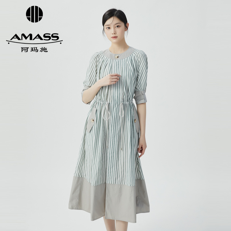 阿玛施AMASS 时尚个性圆领拼接抽绳条纹短袖洋装5500486