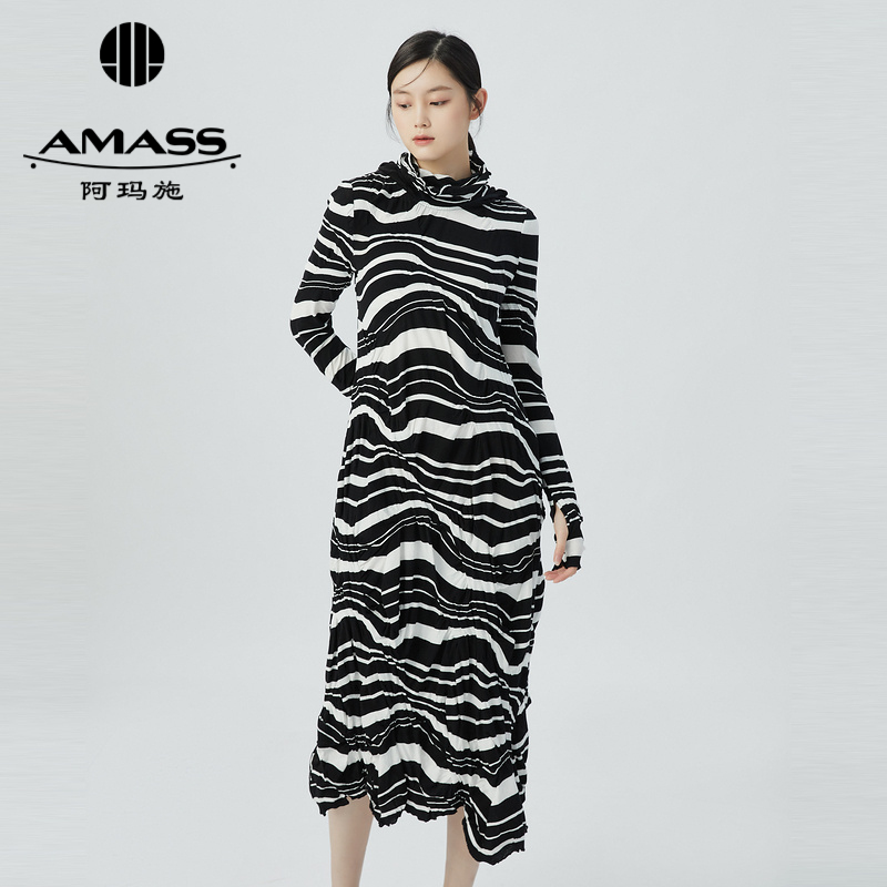 阿玛施AMASS 个性时尚复古条纹长袖带帽连衣裙5500492