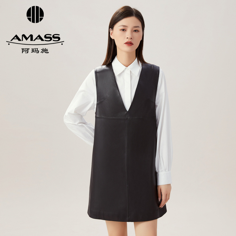 AMASS阿玛施 V领无袖宽松版皮洋装5500495