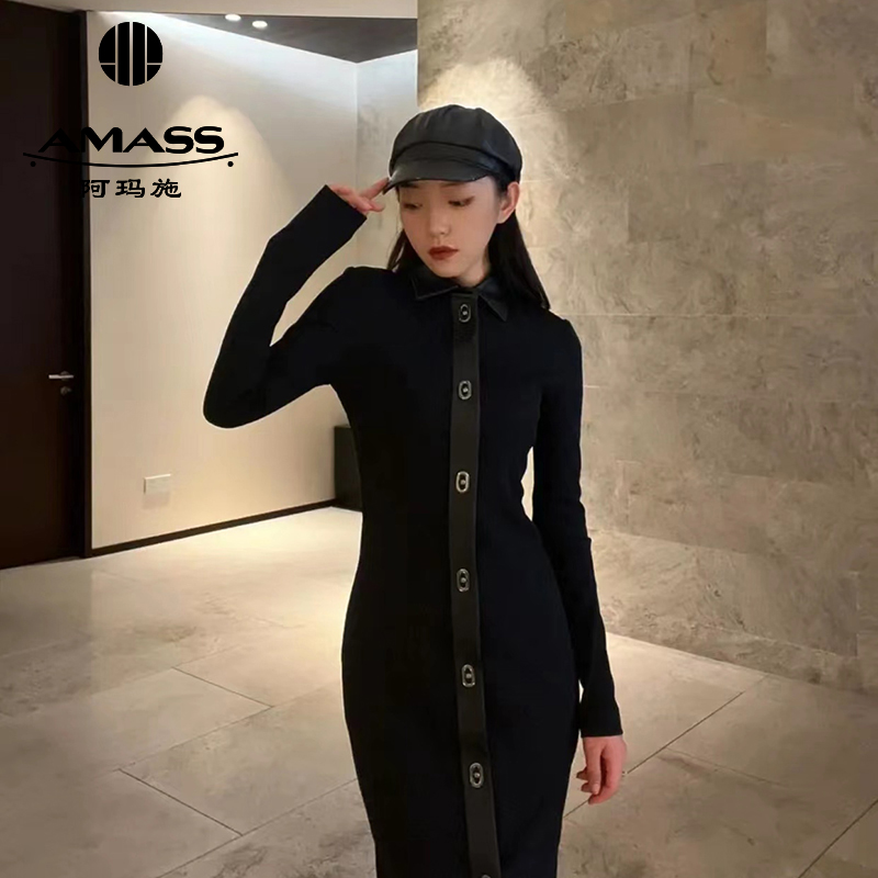 AMASS阿玛施翻领拼接排扣收腰连衣裙5500498