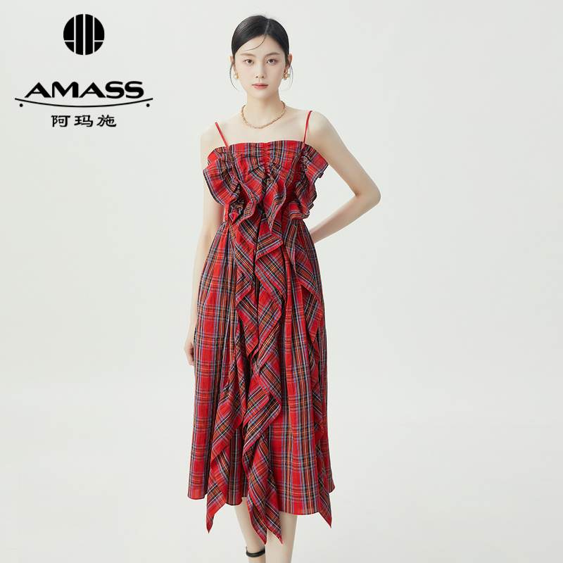 阿玛施AMASS “Y2K千禧风”甜心酷辣压褶造型感吊带格纹洋装5500499