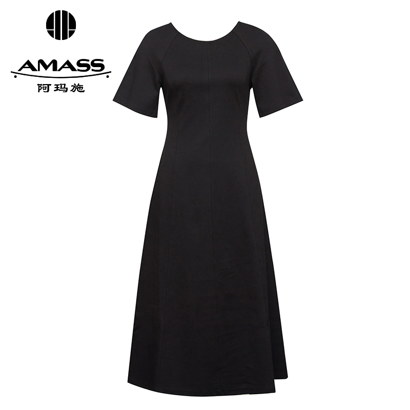 AMASS阿玛施 新款U形领简约气质双面卫衣布蜂腰洋装5500501