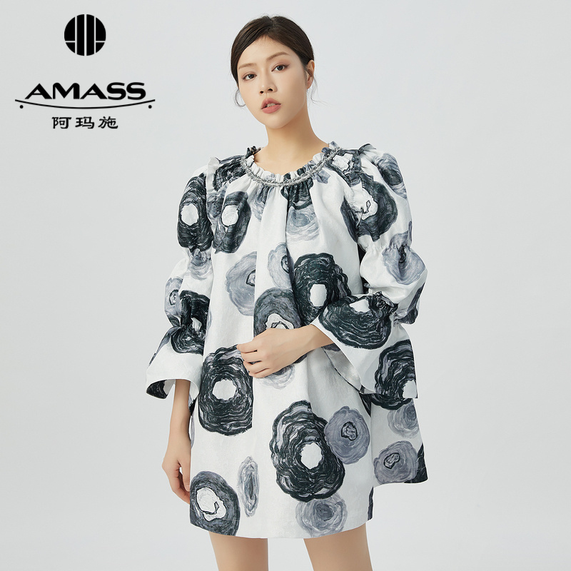 阿玛施AMASS肌理感长袖玫瑰连衣公主短裙5500502