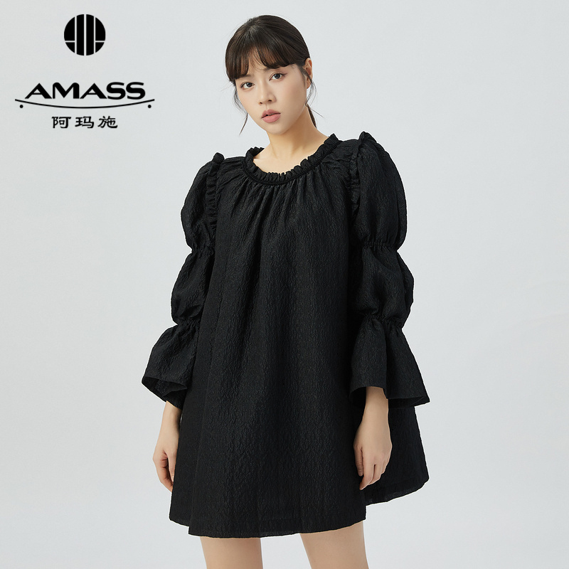 阿玛施AMASS 黑柜质感肌理纹长袖公主裙5500502