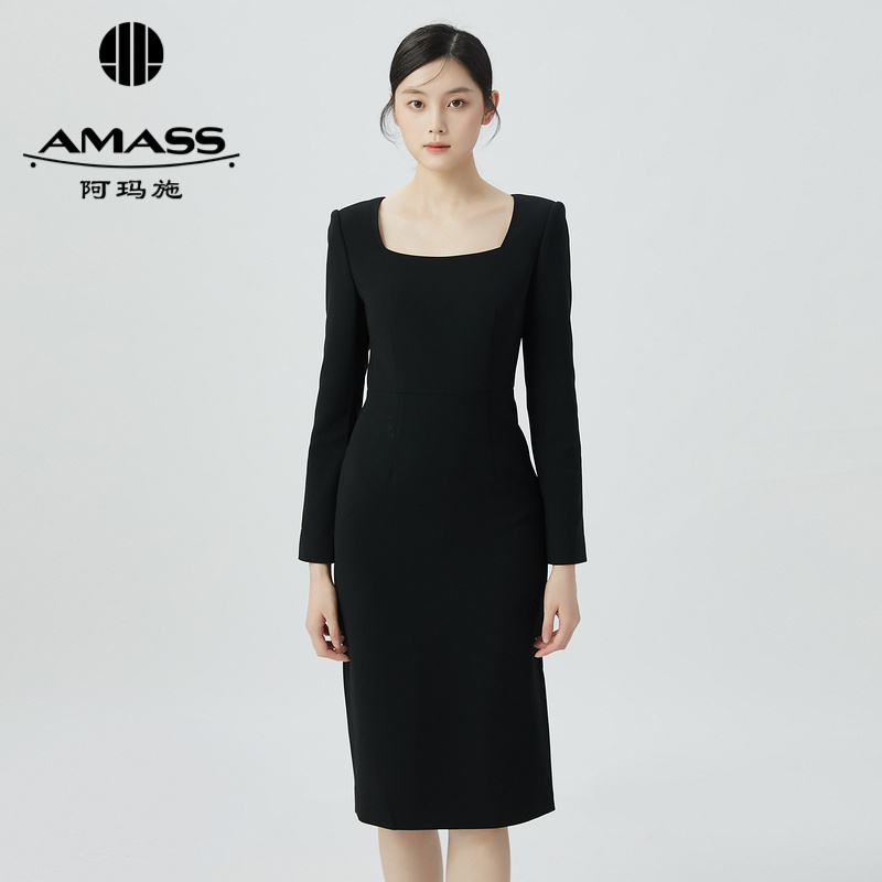 阿玛施AMASS 经典通勤简约方领长袖修身连衣裙5500506
