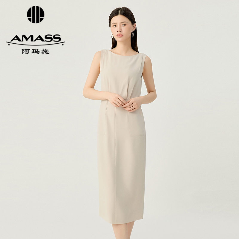 阿玛施AMASS 通勤优雅无袖收腰中长款小黑裙连衣裙5500508