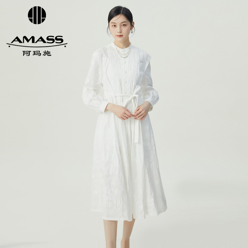 阿玛施AMASS 气质简约圆领压褶纯色长袖连衣裙附内搭5500518