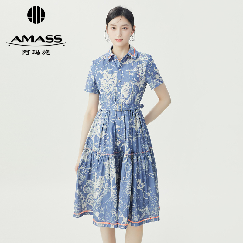 阿玛施AMASS 优雅气质冰河蓝复古印花洋装5500521