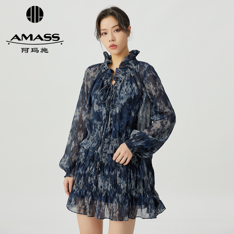 阿玛施AMASS新款复古法式荷叶边直身型飘逸短款浪漫洋装5500524