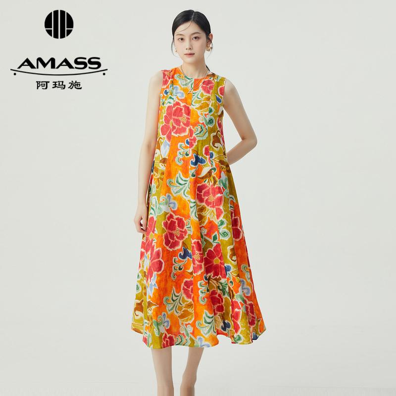 阿玛施AMASS 度假风印花造型感洋装无袖中长连衣裙5500525