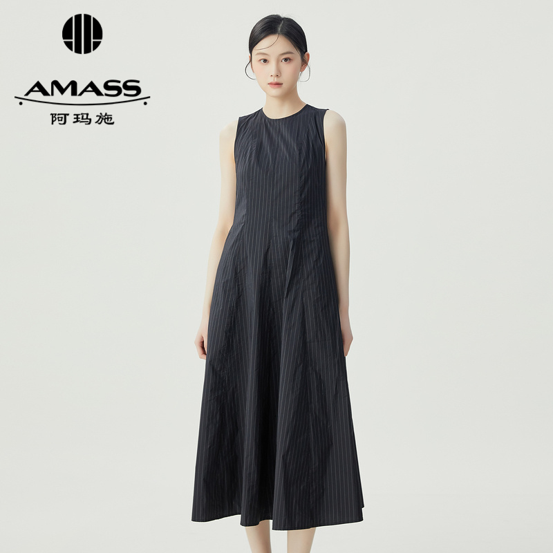 阿玛施AMASS 复古文艺风条纹无袖造型感洋装5500525
