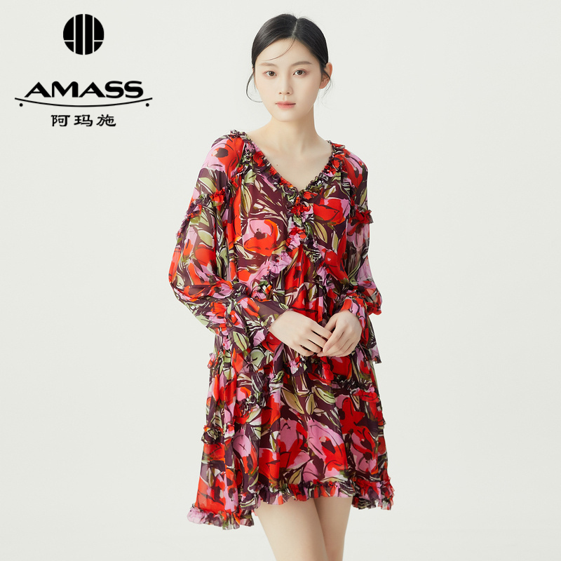阿玛施AMASS 复古浪漫红色印花飘纱洋装5500530 -2