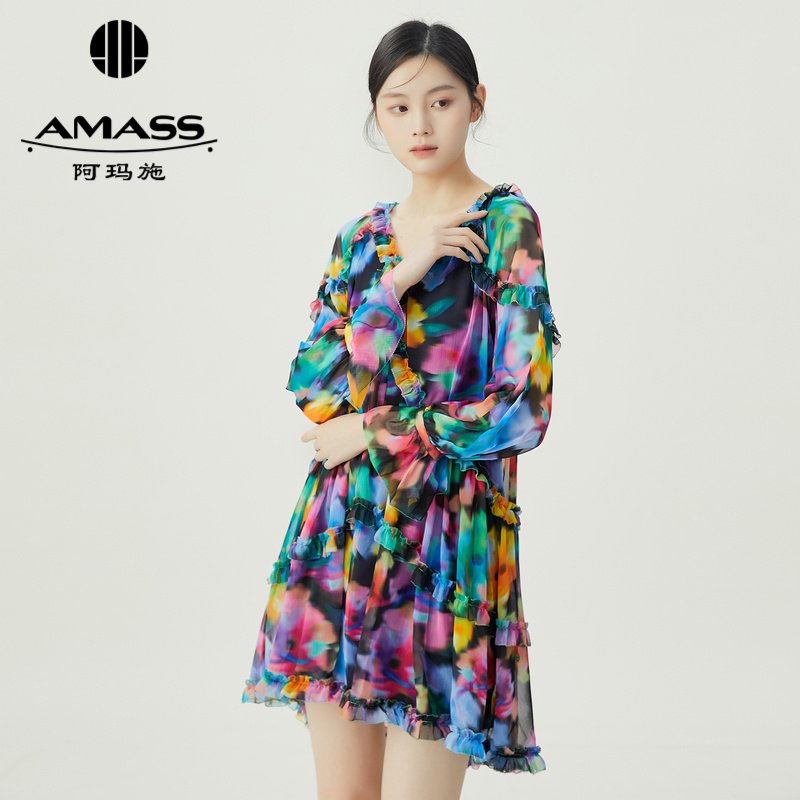 阿玛施AMASS 复古浪漫色彩印花飘纱洋装5500530