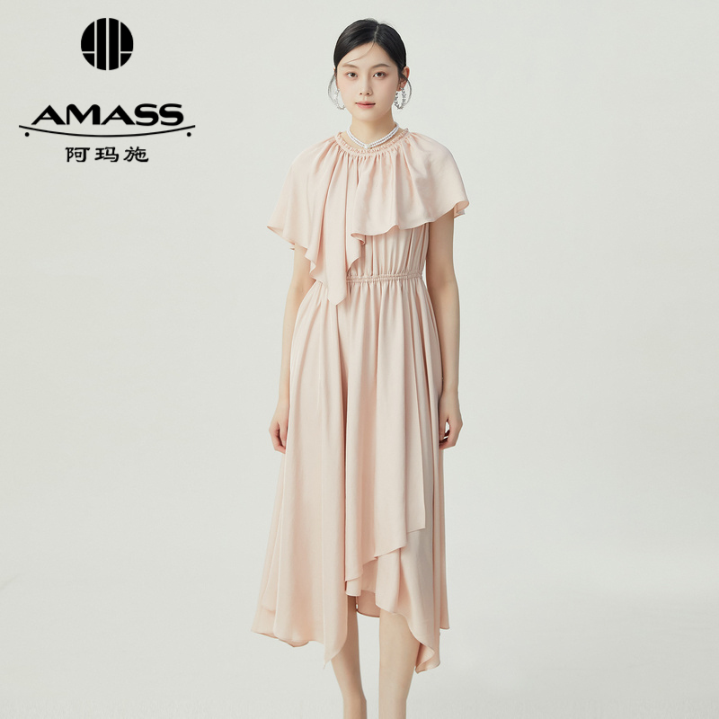 阿玛施AMASS 优雅气质三醋酯垂感收腰短袖连衣裙5500531