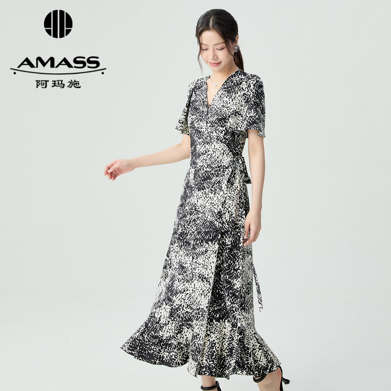 阿玛施AMASS 交襟浪漫法式荷叶裙摆短袖花色连衣裙5500532