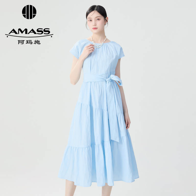 阿玛施AMASS 肌理感圆领抽褶插肩袖连衣裙5500533