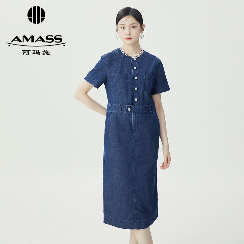 阿玛施AMASS 复古休闲圆领短袖牛仔洋装5500537