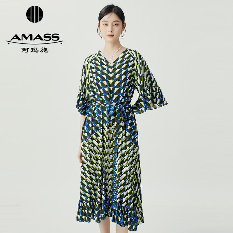 阿玛施AMASS 气质优雅轻盈飘逸V领印花洋装5500538