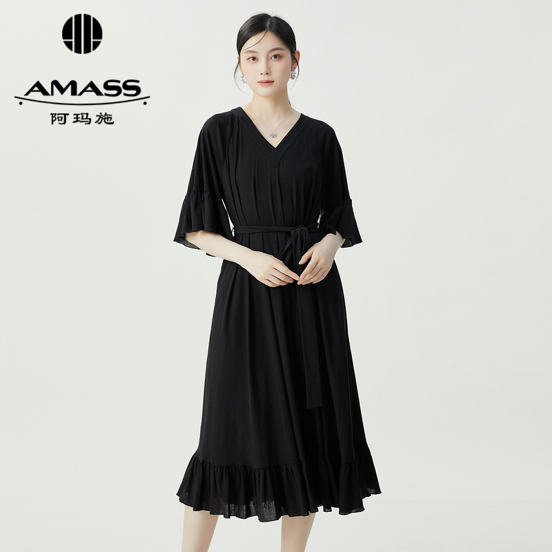 阿玛施AMASS V领荷叶褶浪漫短袖垂坠显瘦小黑洋装5500538