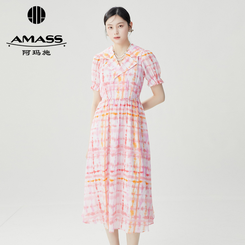 阿玛施AMASS 夏日粉橘霓虹配色法式度假风收腰短袖洋装5500542