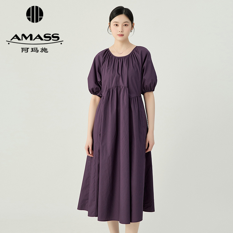 阿玛施AMASS 春夏度假出游纯色圆领短袖中长连衣裙5500549