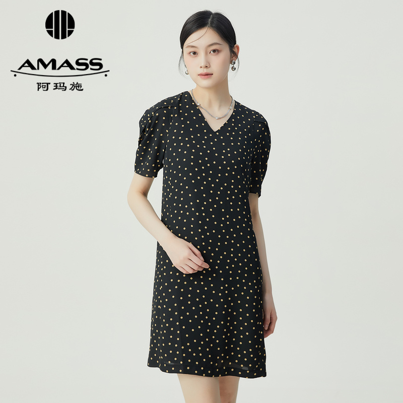 阿玛施AMASS 女装显瘦经典通勤V领宫廷袖波点连衣裙5500550