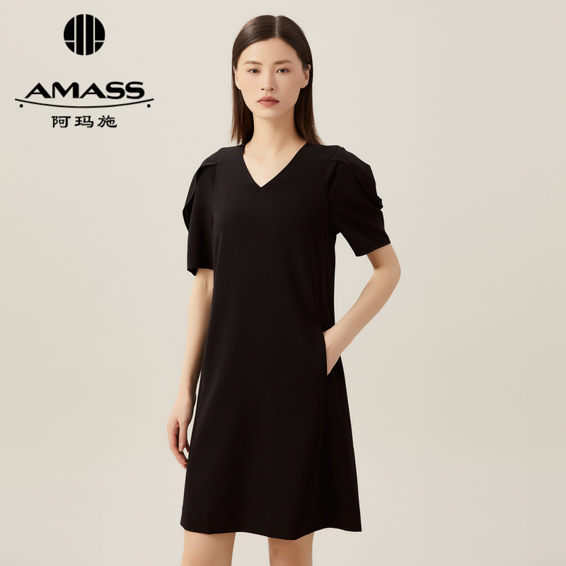 阿玛施AMASS 经典通勤V领宫廷袖收身连衣裙5500550