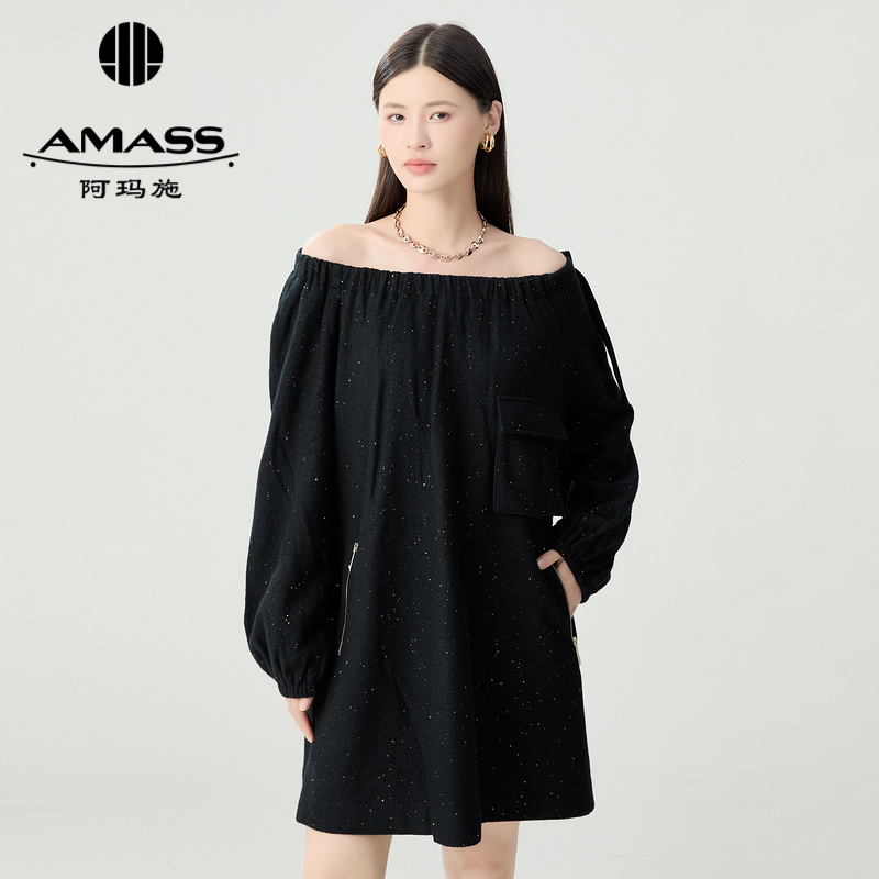阿玛施AMASS 减龄时尚羊毛混纺双口袋宽松连衣裙5500552