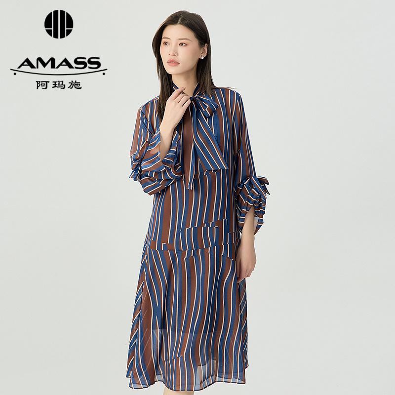 阿玛施AMASS 宽松造型条纹中袖飘带中长款洋装5500554