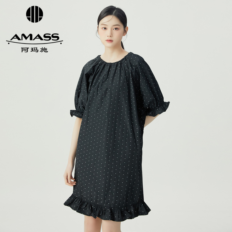 阿玛施AMASS荷叶边廓形洋装短袖波点连衣短裙5500556